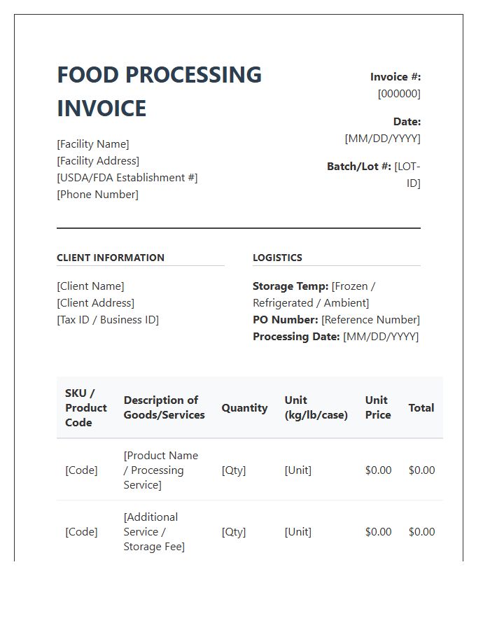 Food Processing Facility Invoice Template