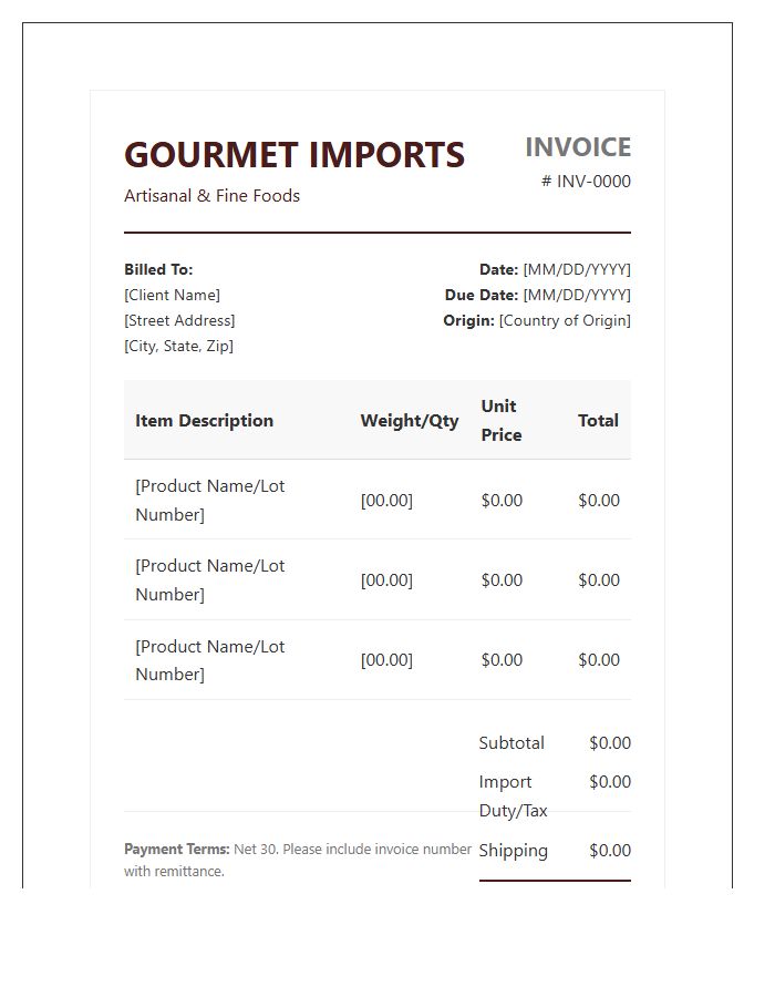 Gourmet Food Importer Invoice Template