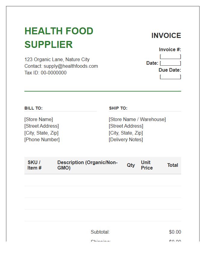 Health Food Store Supplier Invoice Template