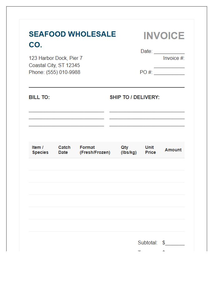Seafood Wholesaler Billing Invoice Template