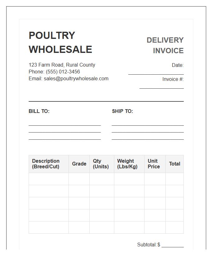 Wholesale Poultry Delivery Invoice Template