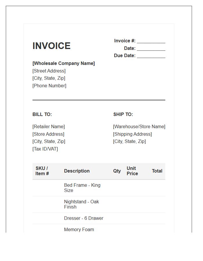 Bedroom Furniture Wholesale Invoice Template