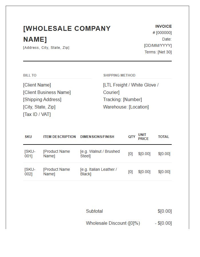 Contemporary Furniture Wholesale Invoice Template