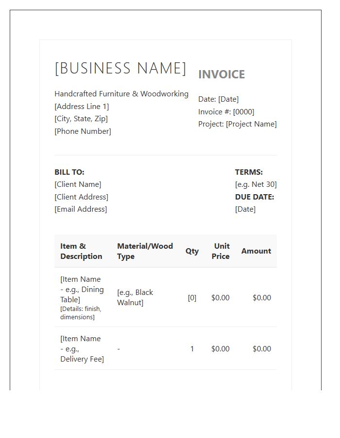 Handcrafted Furniture Business Invoice Template