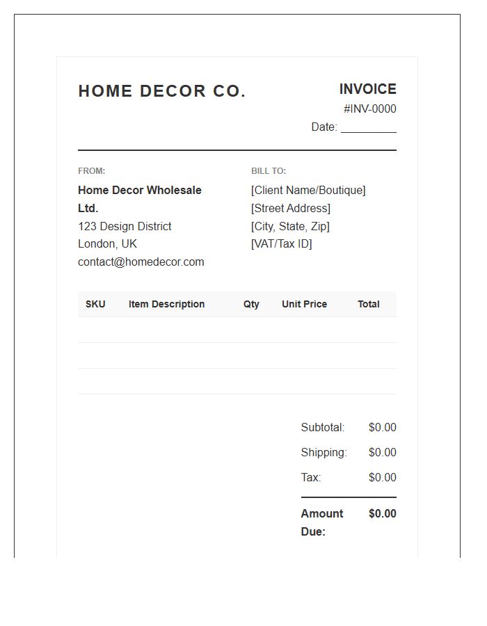 Home Decor Wholesale Invoice Template