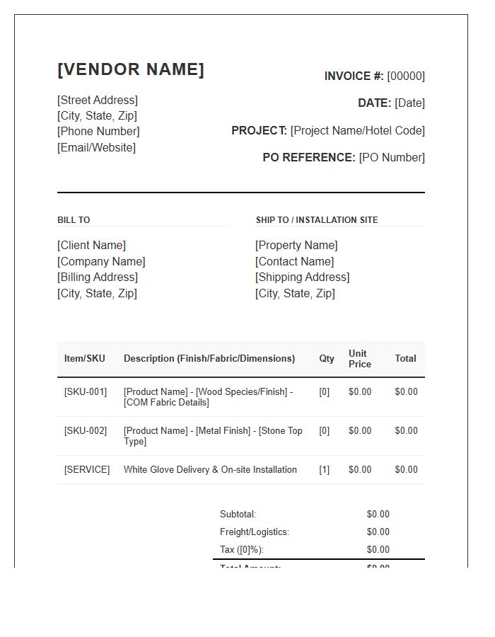 Hospitality Furniture Vendor Invoice Template