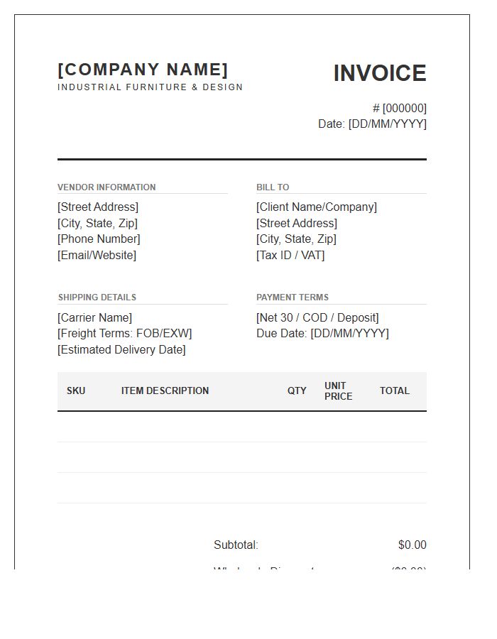 Industrial Furniture Wholesale Invoice Template