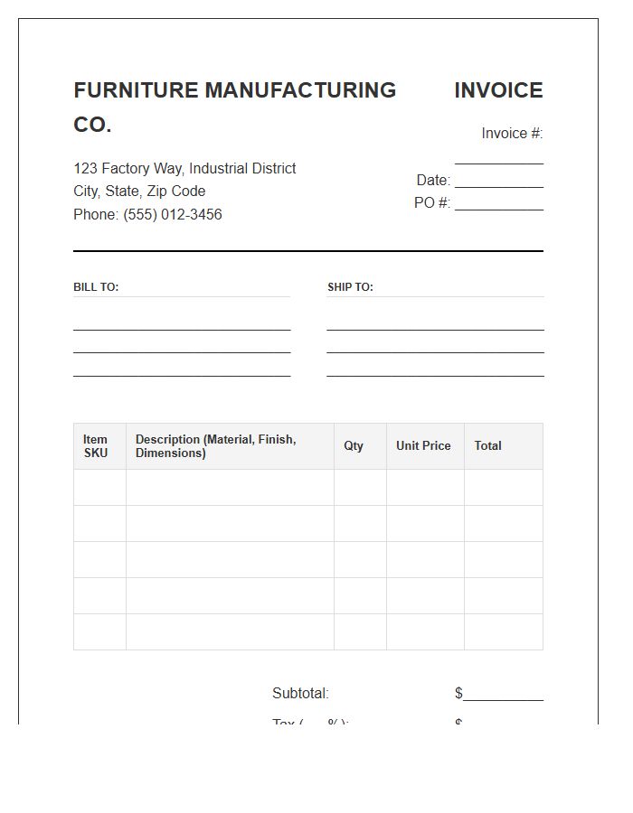 Manufacturer Furniture Order Invoice Template