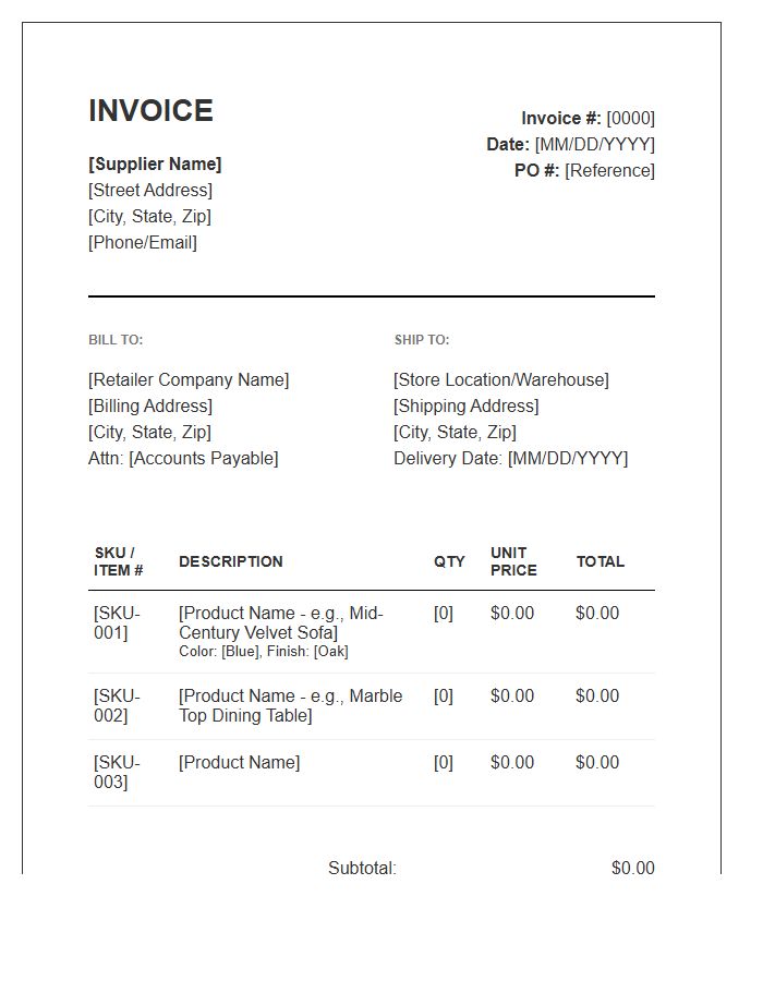 Retail Furniture Supplier Invoice Template