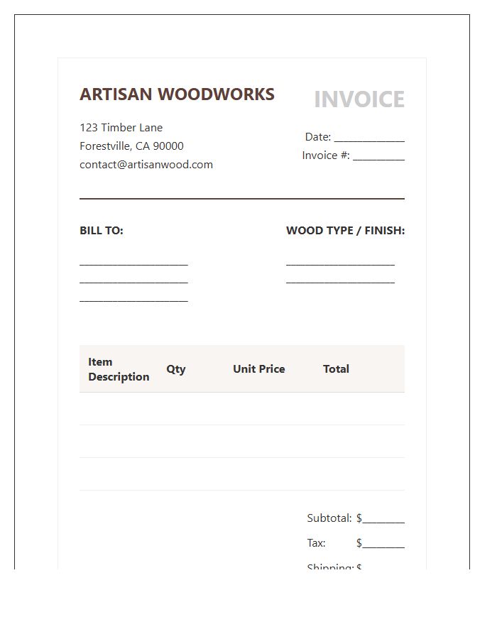 Solid Wood Furniture Invoice Template