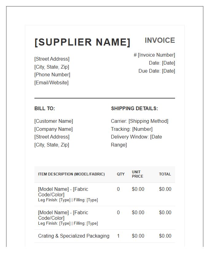 Upholstered Furniture Supplier Invoice Template