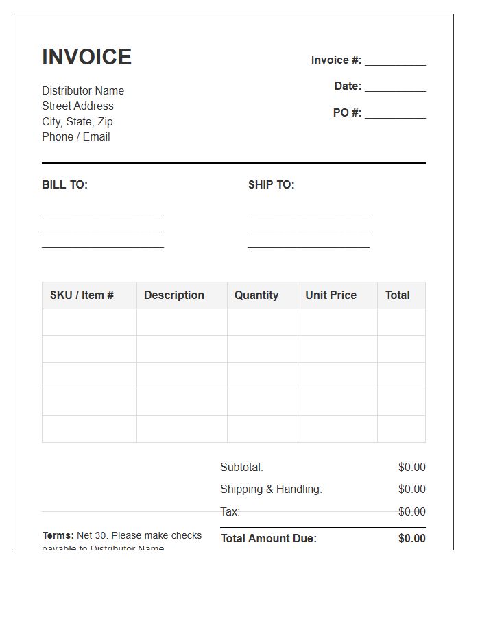 Distributor Supply Order Invoice Template
