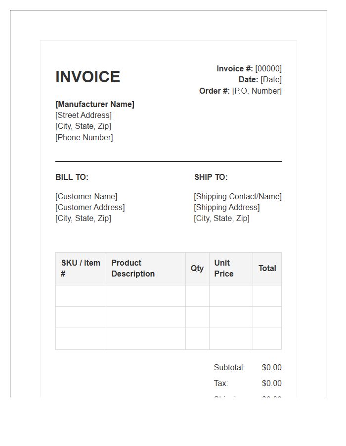 Manufacturer Product Order Invoice Template