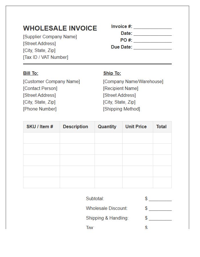 Supplier Wholesale Order Invoice Template