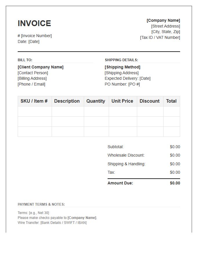 Wholesale Client Order Invoice Template