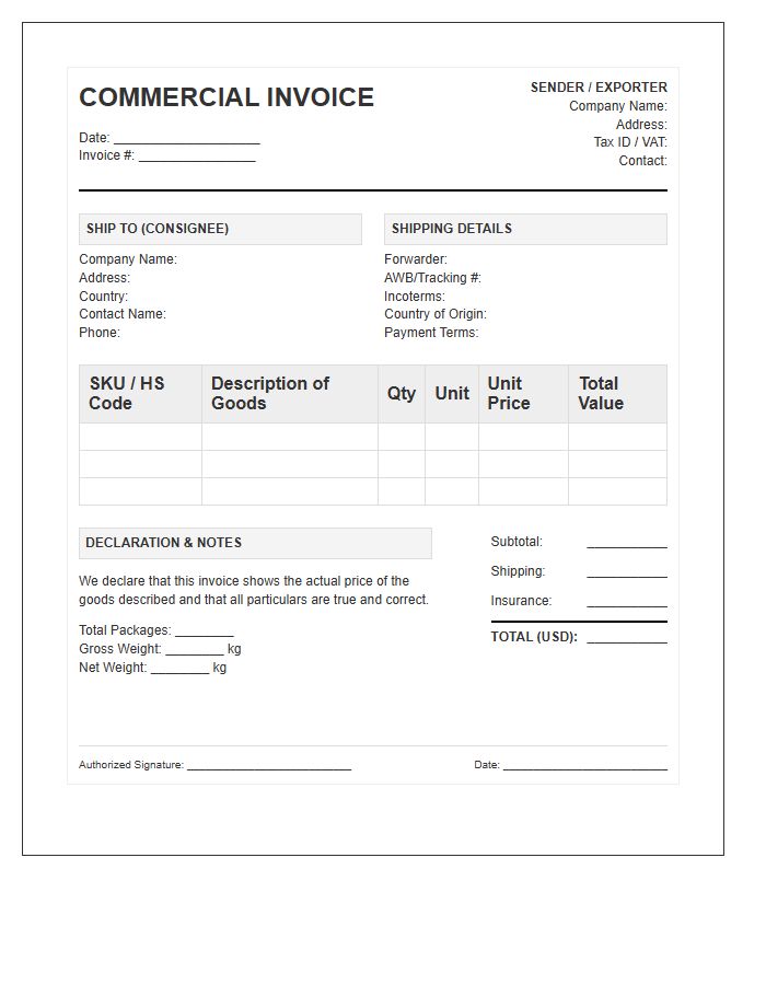 International Wholesale Shipping Invoice Template