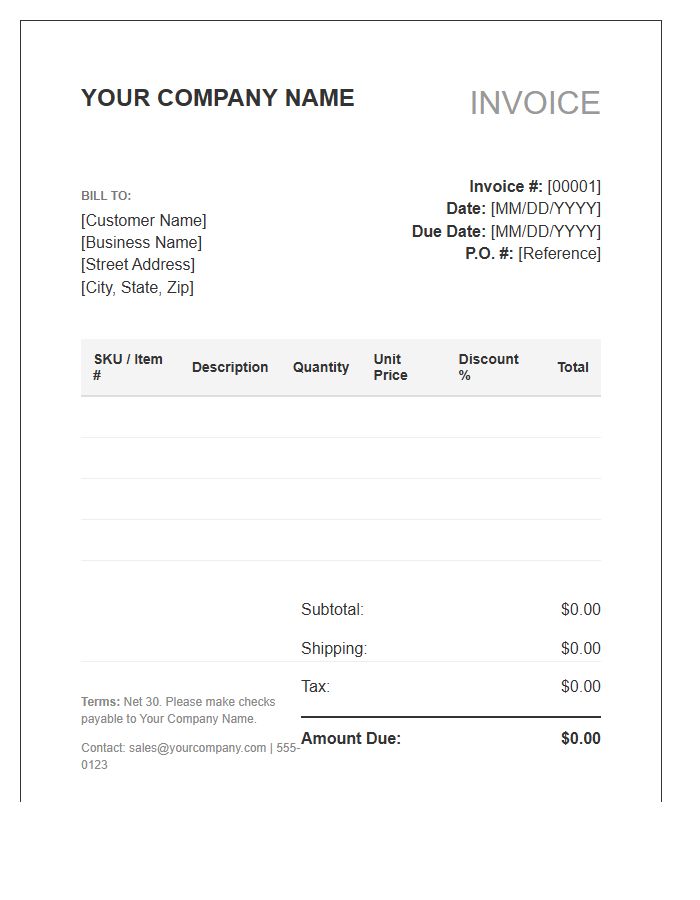Multi Item Wholesale Invoice Template