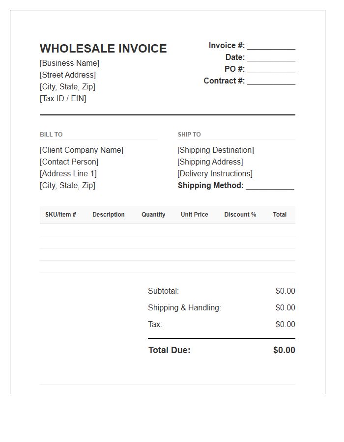 Wholesale Business Contract Invoice Template