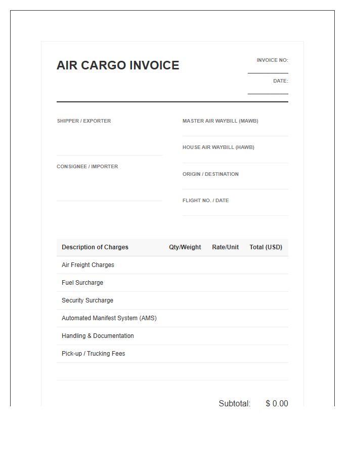 Air Cargo Wholesale Logistics Invoice Template