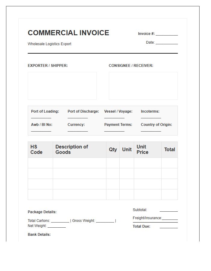 Export Billing Wholesale Logistics Invoice Template