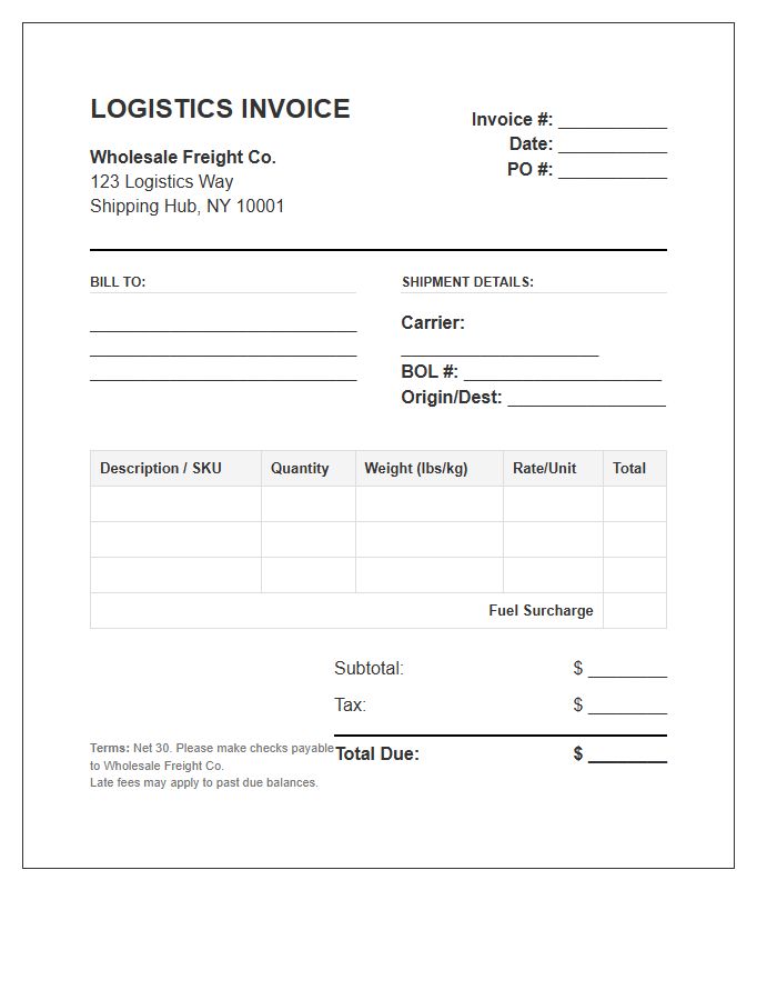 Freight Shipping Wholesale Logistics Invoice Template