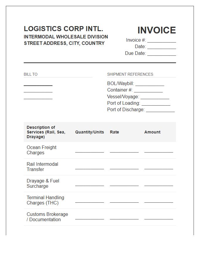 Intermodal Transport Wholesale Logistics Invoice Template