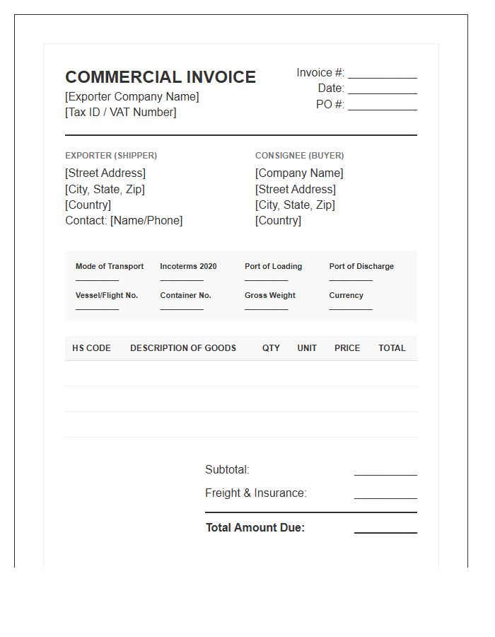 International Trade Wholesale Logistics Invoice Template