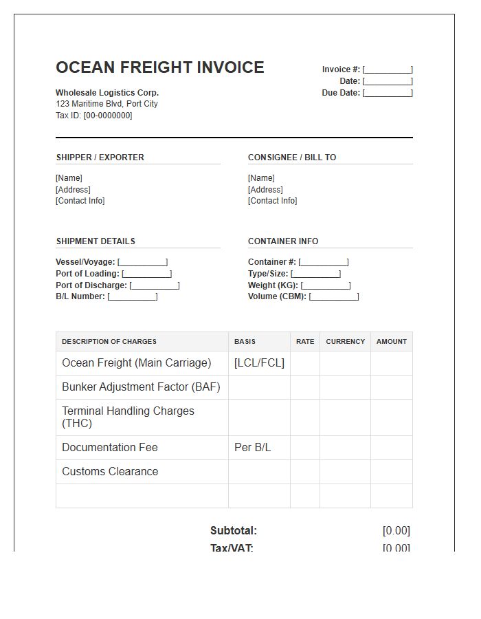 Ocean Freight Wholesale Logistics Invoice Template