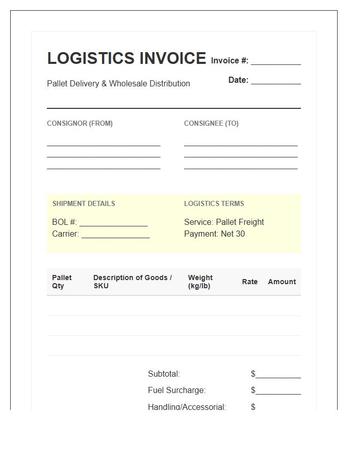 Pallet Delivery Wholesale Logistics Invoice Template