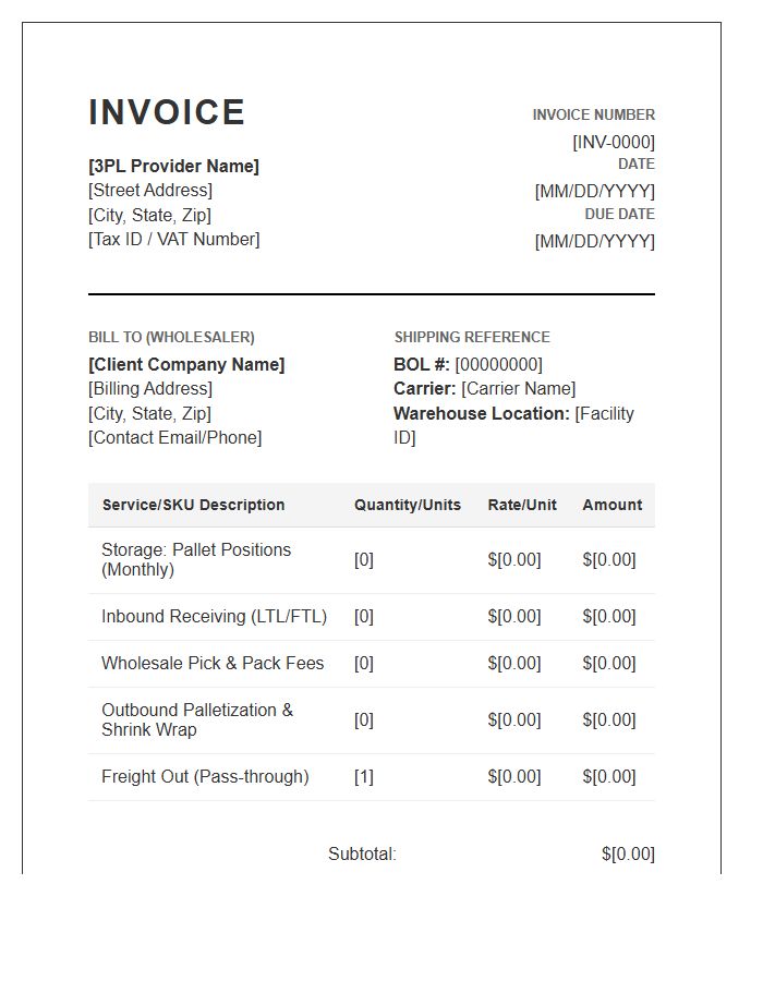 Third Party Wholesale Logistics Invoice Template
