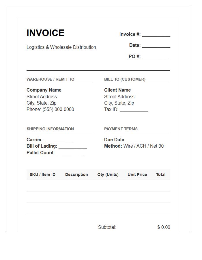 Warehouse Management Wholesale Logistics Invoice Template