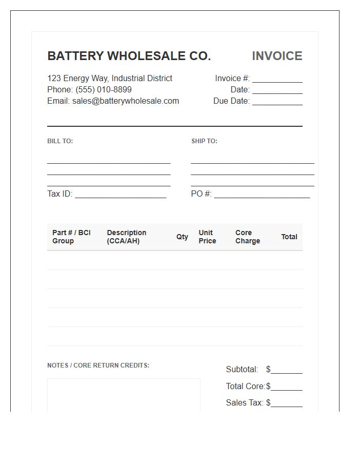 Automotive Battery Wholesale Invoice Template