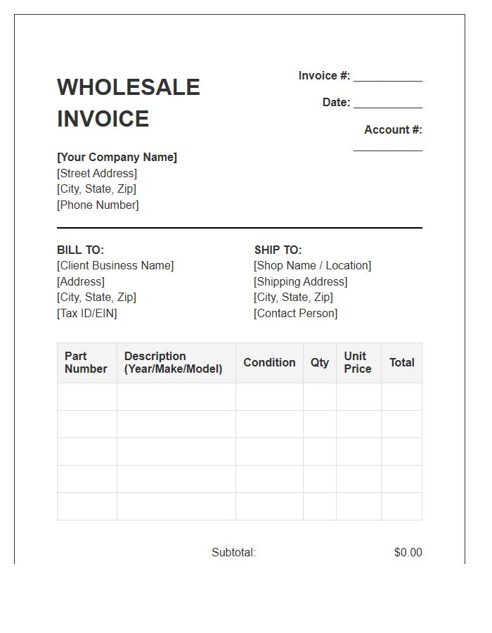 Automotive Body Part Wholesale Invoice Template