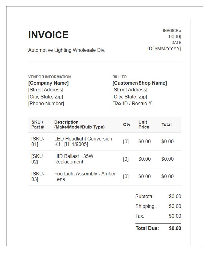 Automotive Lighting Wholesale Invoice Template