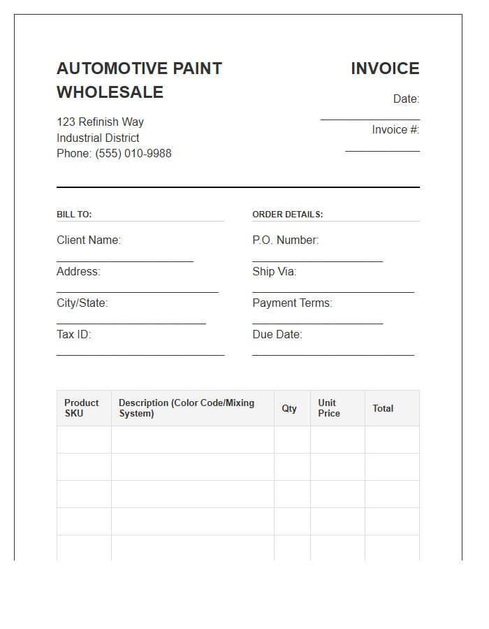 Automotive Paint Wholesale Invoice Template