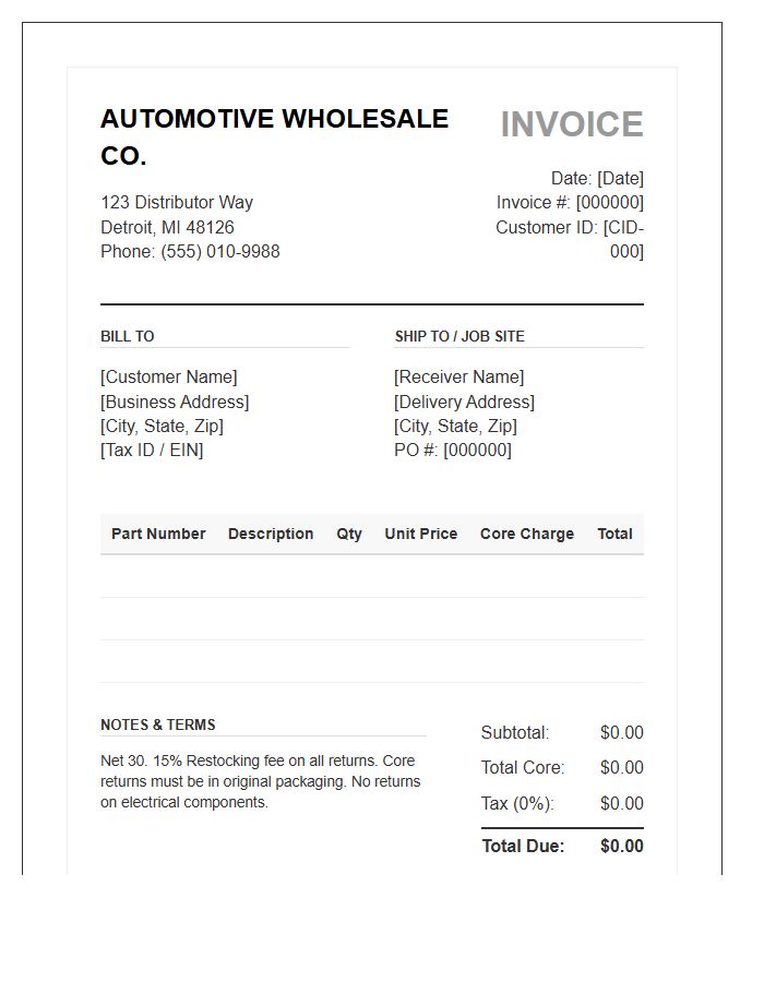 Automotive Wholesale Distribution Invoice Template