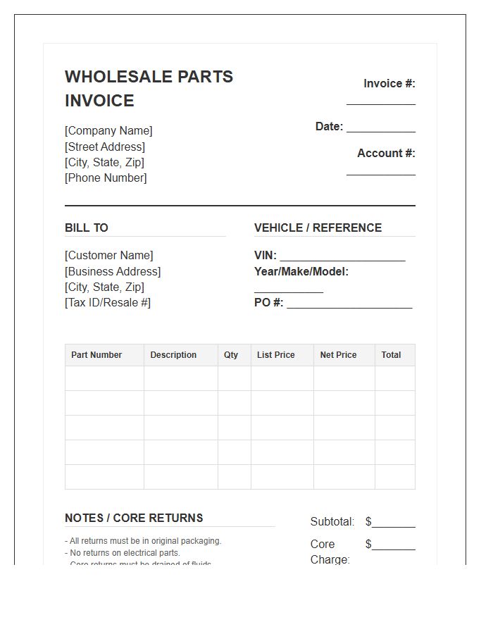 Automotive Wholesale Parts Sales Invoice Template