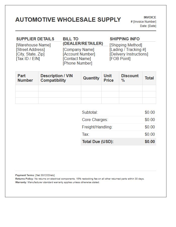 Automotive Wholesale Supply Chain Invoice Template