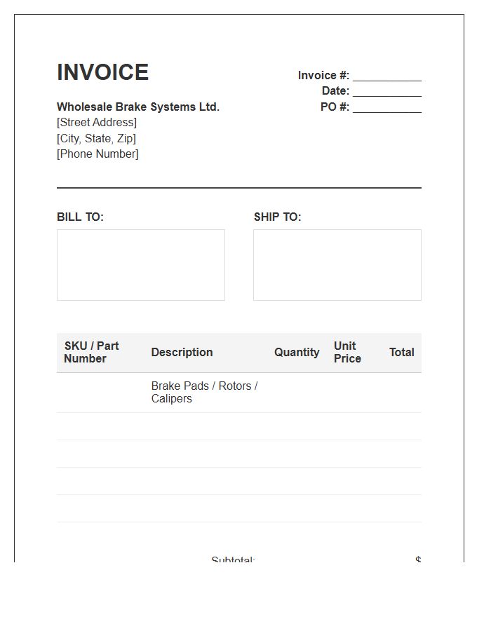 Wholesale Brake System Invoice Template