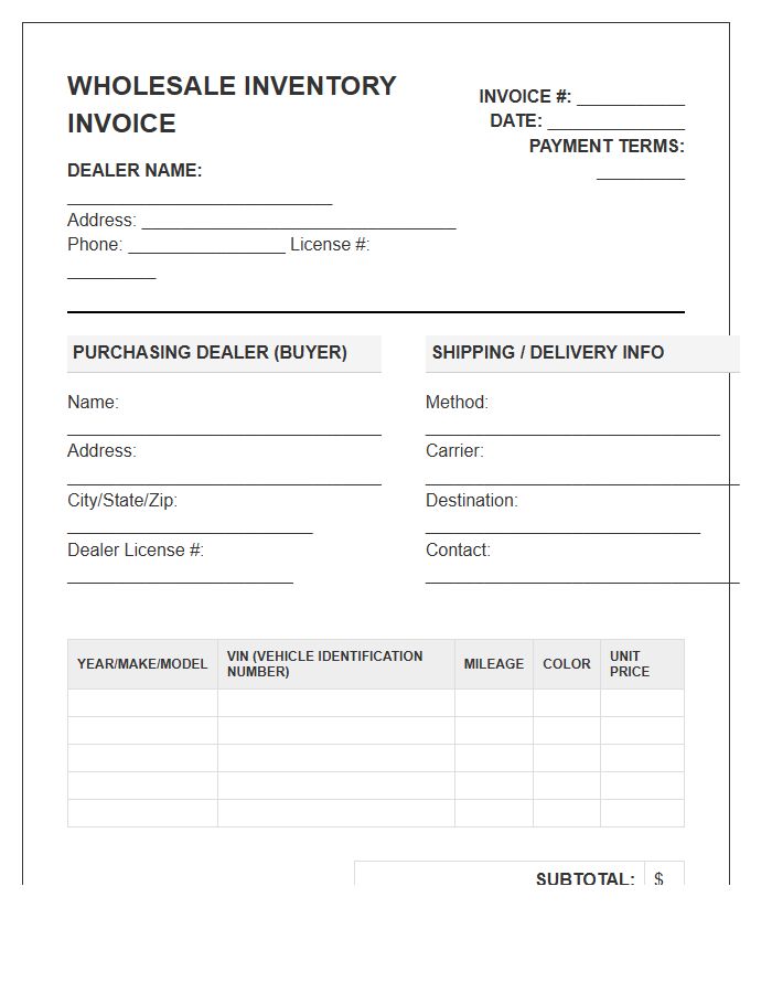 Wholesale Car Dealer Inventory Invoice Template