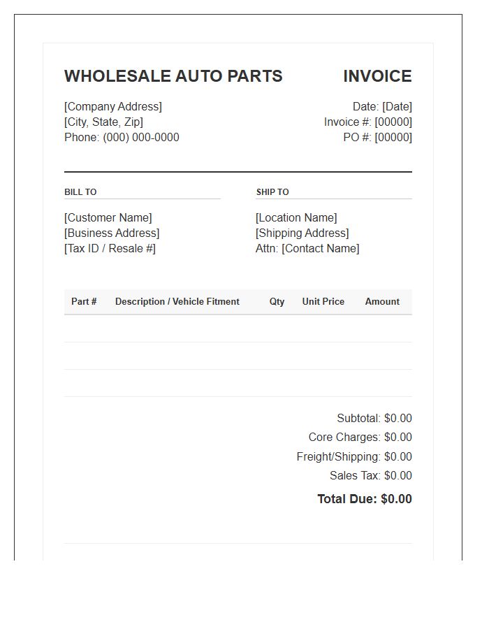 Wholesale Commercial Auto Parts Invoice Template