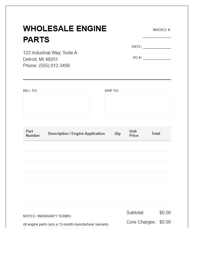 Wholesale Engine Parts Invoice Template