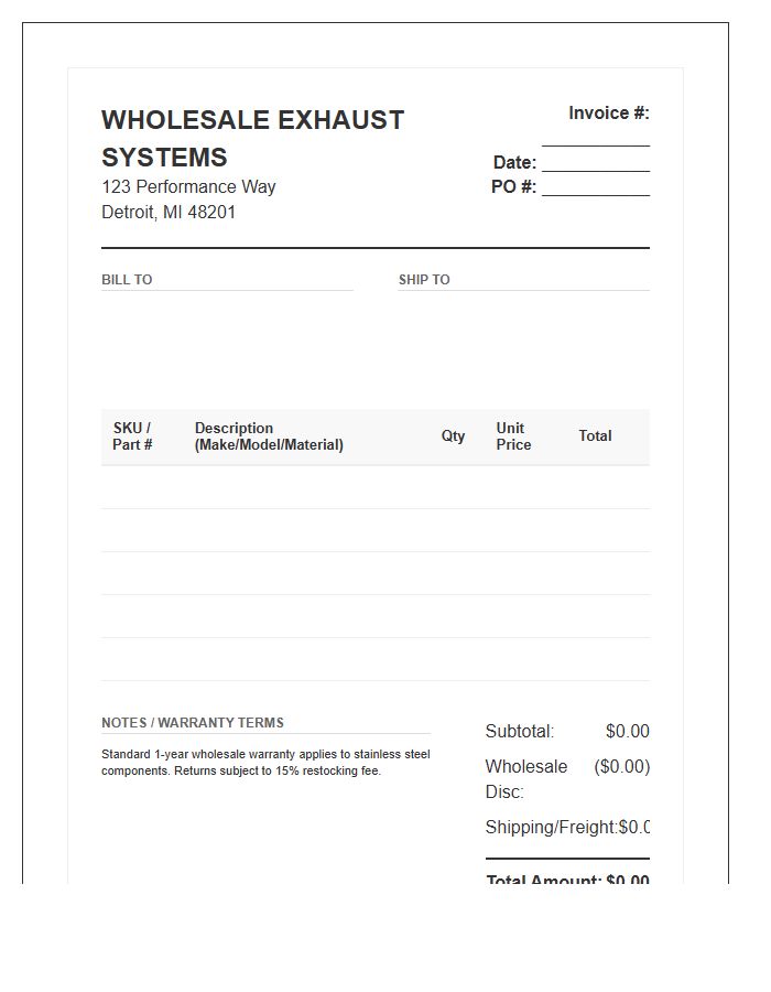Wholesale Exhaust System Invoice Template
