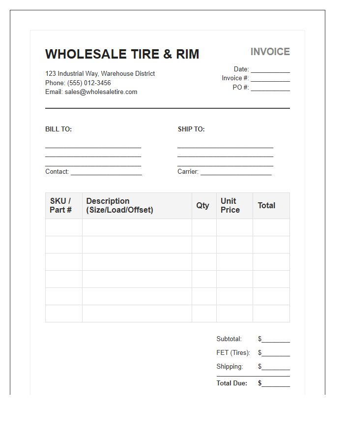 Wholesale Tire And Rim Invoice Template