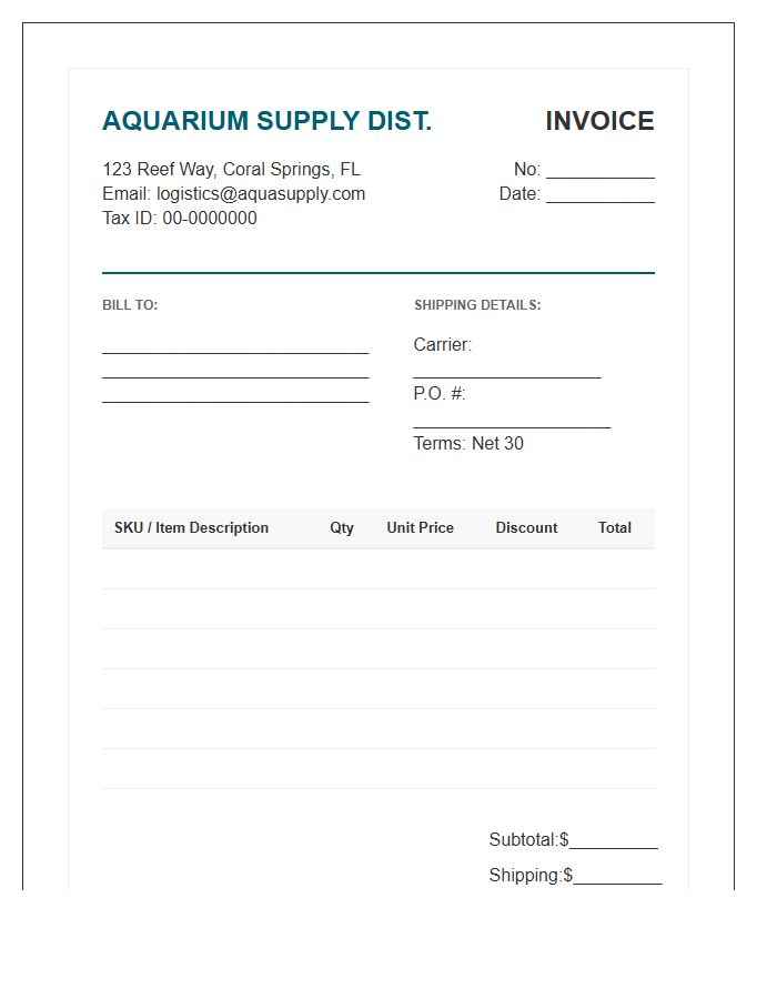 Aquarium Supply Distribution Wholesale Invoice Template