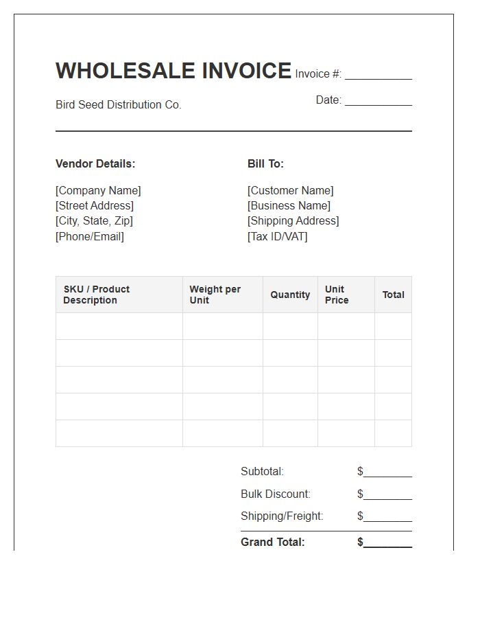 Bird Seed Distribution Wholesale Invoice Template