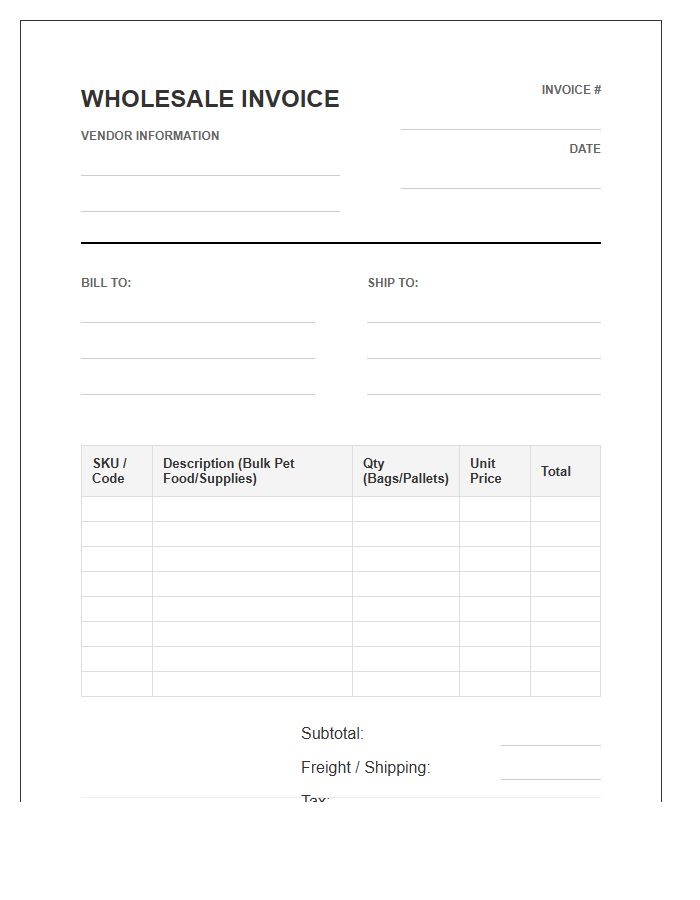 Bulk Pet Food Wholesale Invoice Template