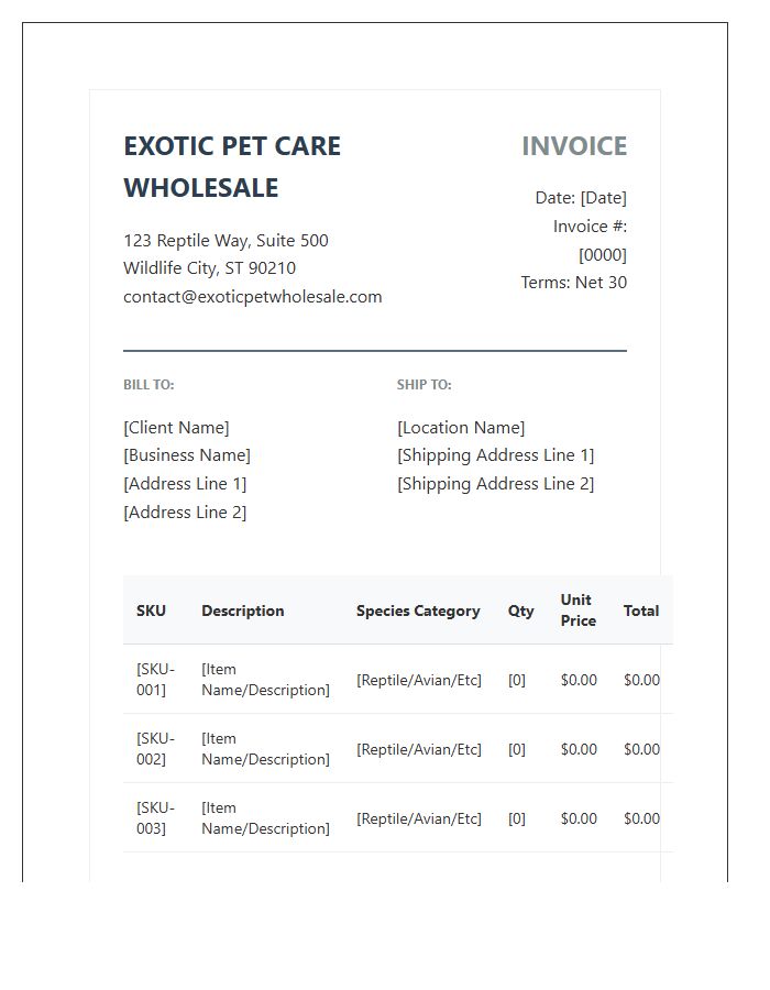 Exotic Pet Care Wholesale Invoice Template