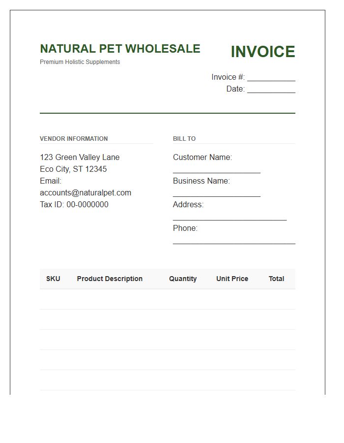 Natural Pet Supplement Wholesale Invoice Template