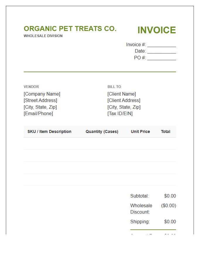 Organic Pet Treat Wholesale Invoice Template